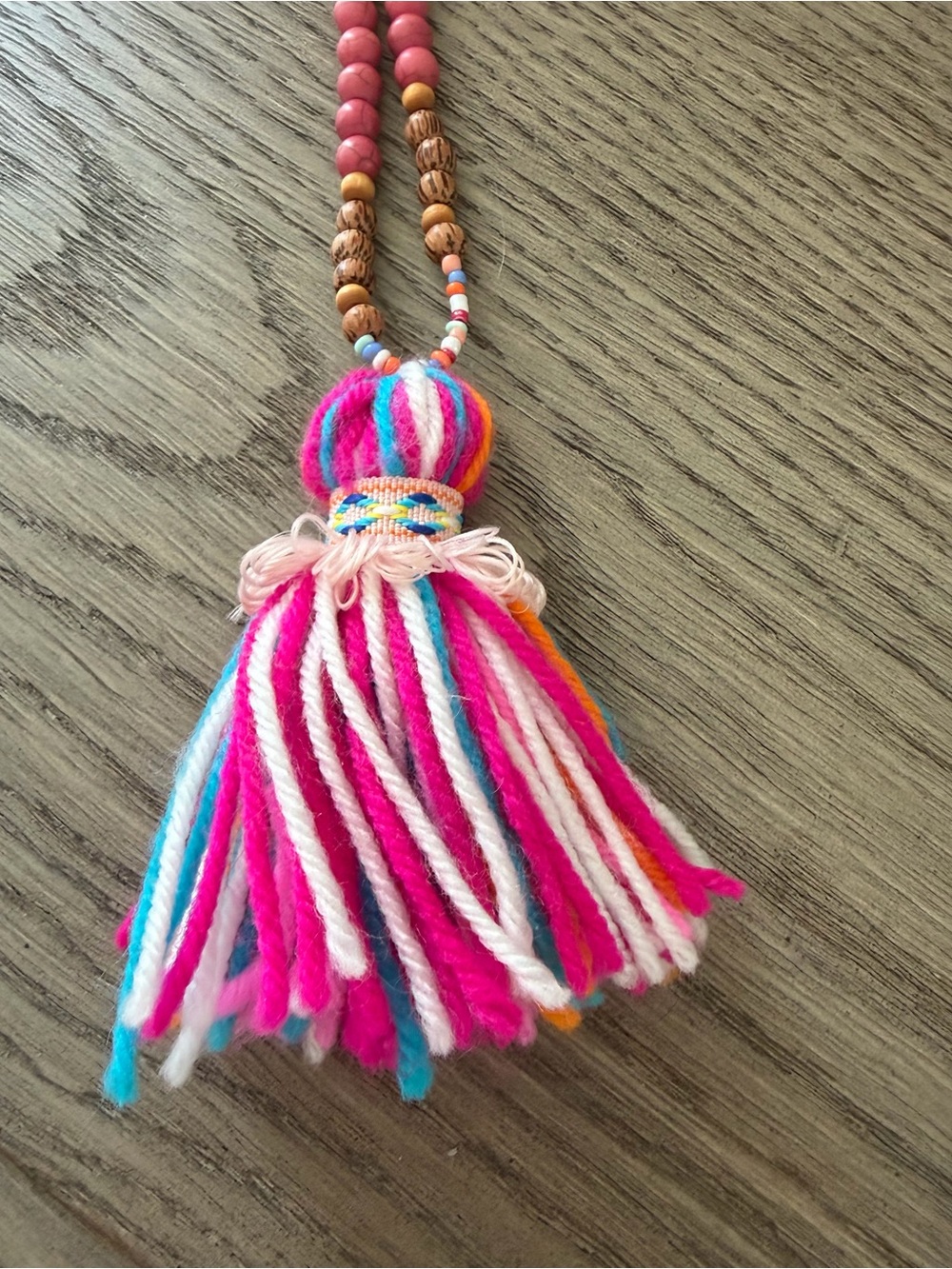 Multicolor Yarn Tassel Necklace - Pink & Blue